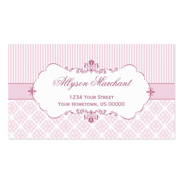 Elegant Vintage Pink White Damask Stripes Business Card Template