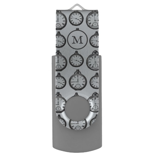 Elegant Vintage Pocket Watch Illustration Monogram Flash Drive (Front Vertical)