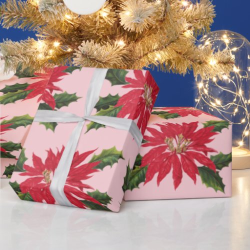 Elegant Vintage Poinsettia Christmas Flowers Pink Wrapping Paper