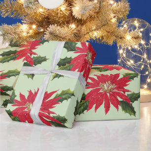Elegant Vintage Poinsettia Christmas Flowers Sage Wrapping Paper
