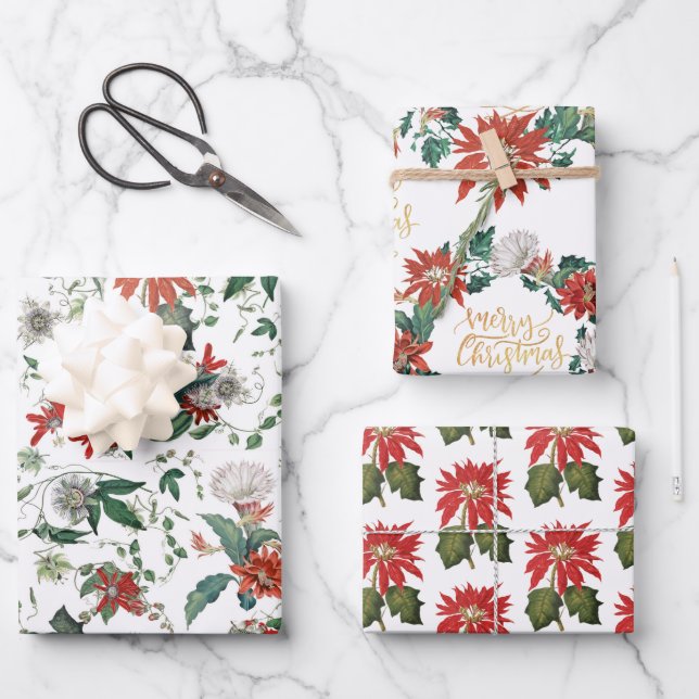 Elegant Vintage Poinsettia Christmas Flowers Wrapping Paper Sheets (Front)