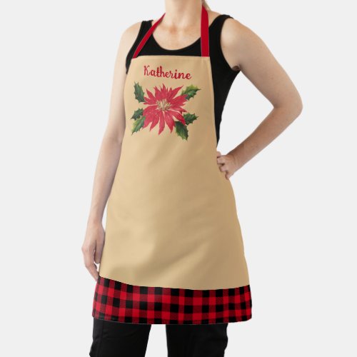 Elegant Vintage Poinsettia Flower Beige Name Apron