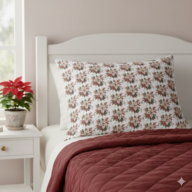 Elegant Vintage Poinsettia Winter  Pillow Case (elegant vintage poinsettia pillowcase. AI lifestyle mockup )