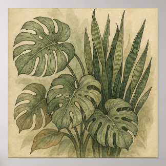Elegant Vintage Poster of Monstera and Snake Plant