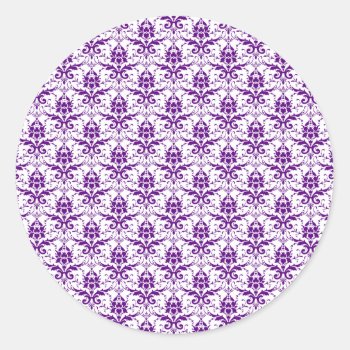 Elegant Vintage Purple And White Damask Pattern Classic Round Sticker by PrettyPatternsGifts at Zazzle
