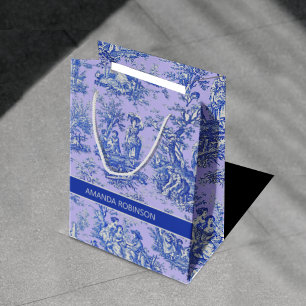 Elegant vintage purple blue toile de jouy medium gift bag