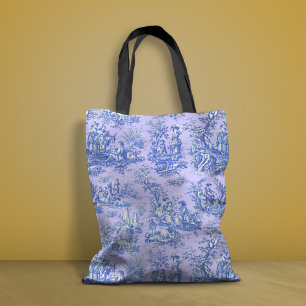 Elegant vintage purple blue toile de jouy printed tote bag