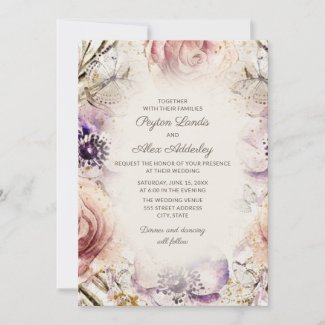 Elegant Vintage Purple Blush Pink Floral Wedding Invitation