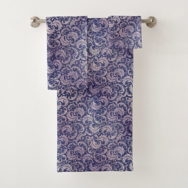 Elegant Vintage Purple Damask Pattern Bath Towel Set (Insitu)