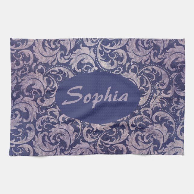 Elegant Vintage Purple Damask Pattern Kitchen Towel (Horizontal)