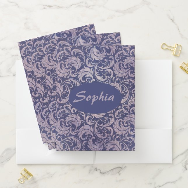 Elegant Vintage Purple Damask Pattern Pocket Folder (In Situ)