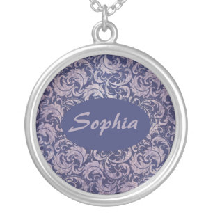 Elegant Vintage Purple Damask Pattern Silver Plated Necklace