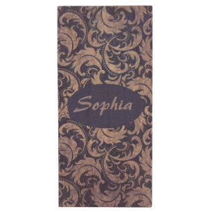 Elegant Vintage Purple Damask Pattern Wood Flash Drive
