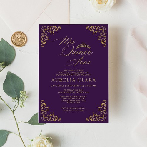 Elegant Vintage Purple Gold Mis Quince Quinceaera Invitation