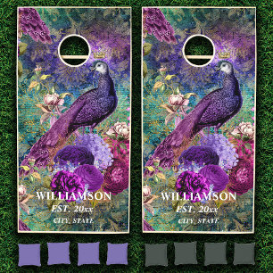 Elegant Vintage Purple Peacock Floral Cornhole Set