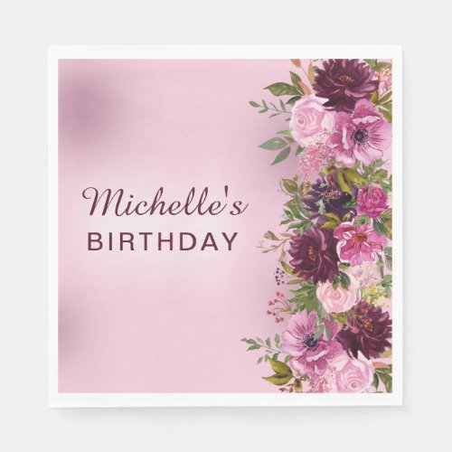 Elegant Vintage Purple Pink Floral Roses Birthday  Napkins