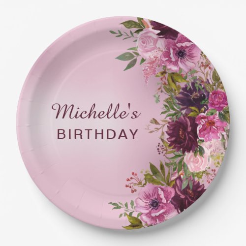 Elegant Vintage Purple Pink Floral Roses Birthday Paper Plates