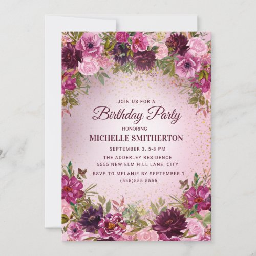Elegant Vintage Purple Pink Floral Roses Glitter Invitation