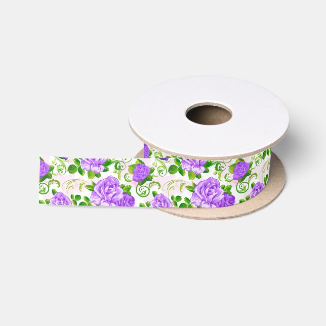 Elegant Vintage Purple Roses White Background Satin Ribbon (Spool)