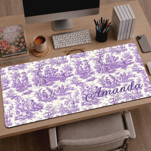 Elegant Vintage Purple Toile de Jouy Monogram Desk Mat
