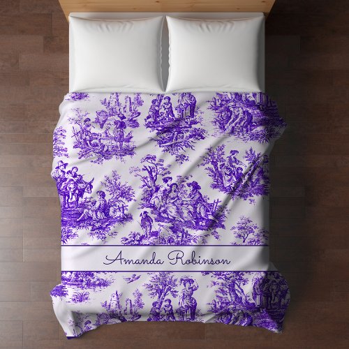 Elegant vintage purple toile de jouy monogram duvet cover