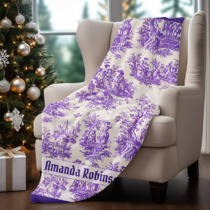 Elegant vintage purple toile de jouy monogram fleece blanket