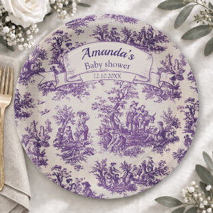Elegant vintage purple toile de jouy monogram paper plates