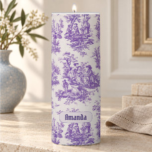 Elegant vintage purple toile de jouy monogram pillar candle