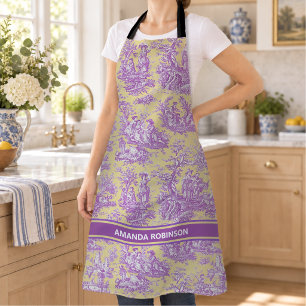 Elegant vintage purple yellow toile d jouy printed apron