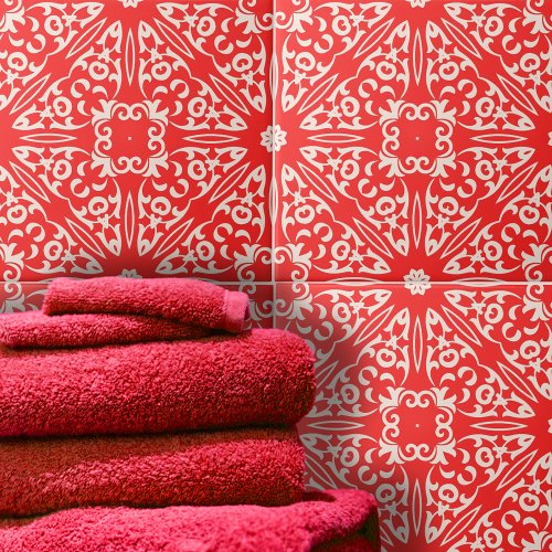 Elegant Vintage Red and White Baroque Swirls  Ceramic Tile