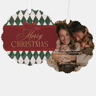 Elegant Vintage Red Bow Green Christmas Photo Ornament Card