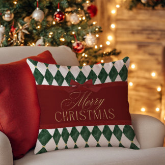 Elegant Vintage Red Bow Green Merry Christmas Throw Pillow