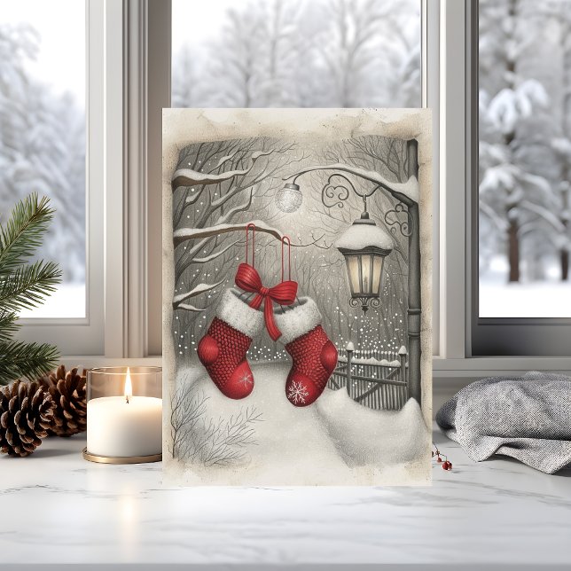 Elegant Vintage Red Christmas Stockings  Card (Red stockings and snowy stillness make this vintage holiday card a heartfelt classic)