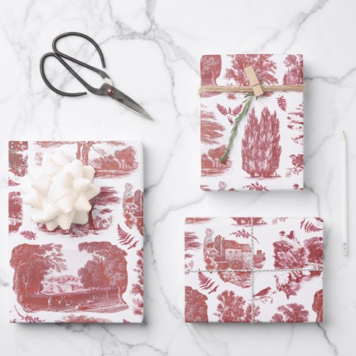 Elegant Vintage Red Country Pastoral Toile Wrapping Paper Sheets