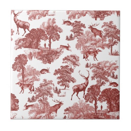 Elegant Vintage Red Deer Toile Seamless Ceramic Tile