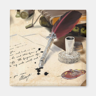 Elegant vintage red feather quill pen and inkwell magnet