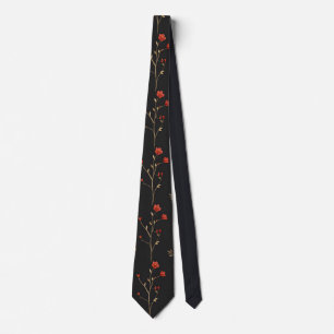 Elegant Vintage Red Floral Branch on Black Neck Tie