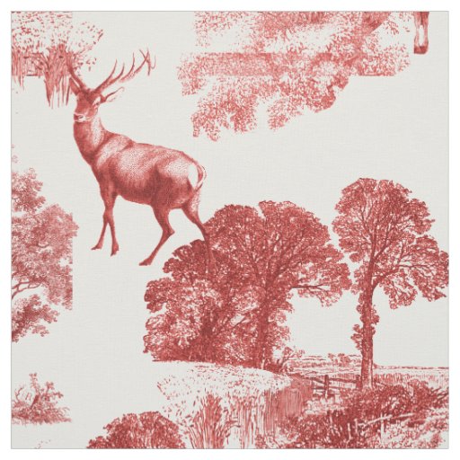 Elegant Vintage Red French Country Toile Deer Fabric