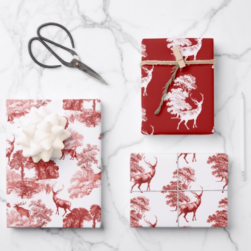 Elegant Vintage Red French Toile Deer in Woodland Wrapping Paper Sheets