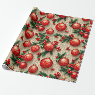 Elegant Vintage Red Gold Christmas Ornaments Holly Wrapping Paper