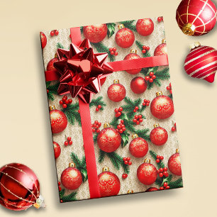 Elegant Vintage Red Gold Christmas Ornaments Holly Wrapping Paper