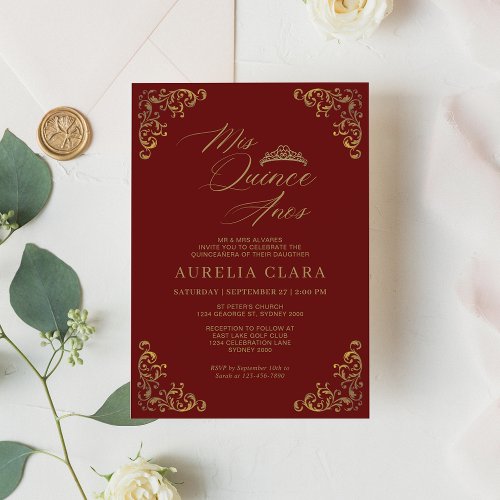 Elegant Vintage Red Gold Mis Quince Quinceaera Invitation