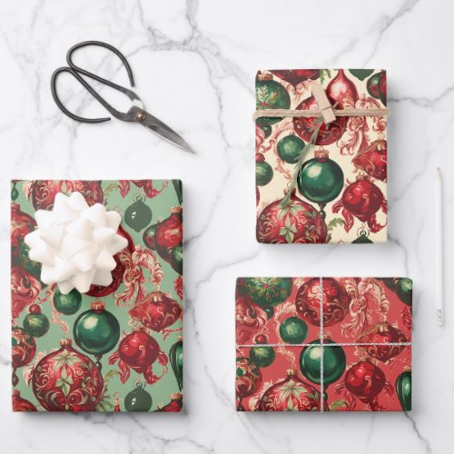 Elegant Vintage Red Green  Beige Christmas Baubles Wrapping Paper Sheets