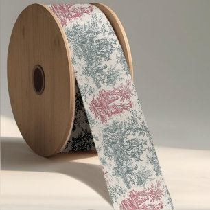 Elegant Vintage Red Grey Toile de Jouy Ribbon Moti