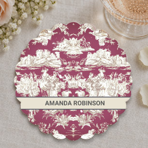 Elegant vintage red lake toile de jouy monogram paper coaster