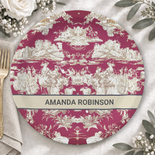 Elegant vintage red lake toile de jouy monogram paper plates