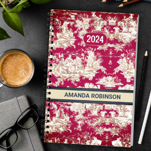 Elegant vintage red lake toile de jouy monogram planner