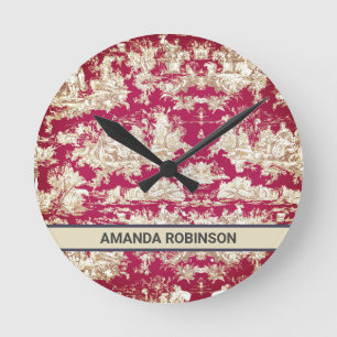 Elegant vintage red lake toile de jouy monogram round clock