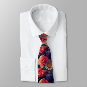 Elegant vintage red Orange purple peony floral Neck Tie