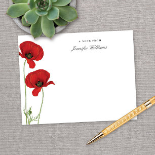 Elegant Vintage Red Oriental Poppy Floral w/ Name Note Card
